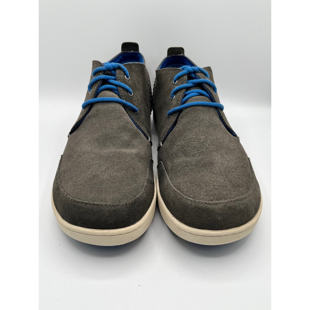 OluKai Maki Men Sz 11 Charcoal Grey Suede Low Top Sneakers Blue Laces 10173-4T19